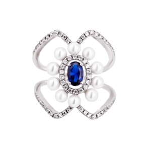 anillo de circonita azul plata con perlas
