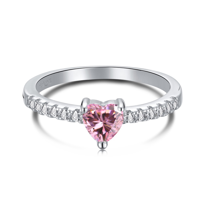silver ring with pink heart stone